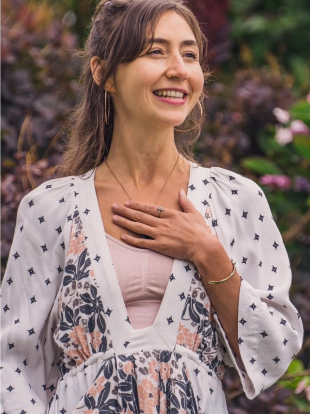 Free People Boho Mixed Print Mini Dress | Floral + Geo | Long Sleeve Babydoll - Picture 3 of 6